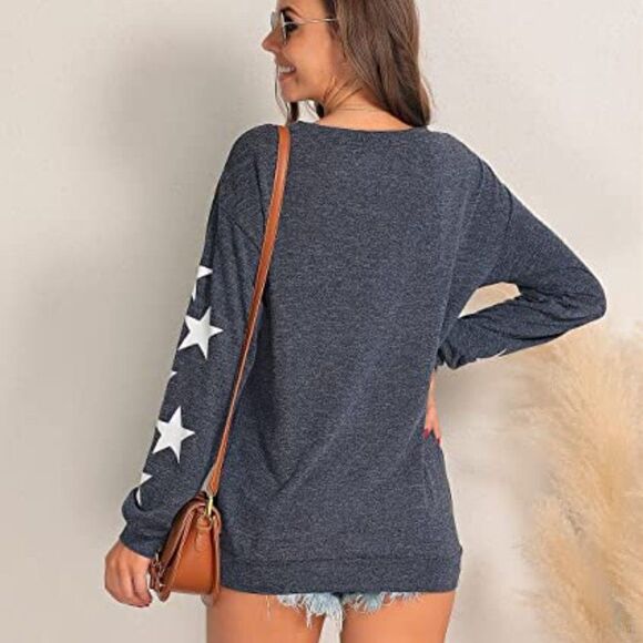Womens Knit Pullover Sweater Star Print Lightweight Cute Long Sleeves Top - Picture 4 of 6